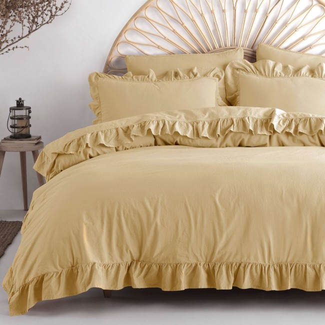  Elegancka minimalistyczna jednobarwna pościel bawełniana 220x200 cm w delikatne falbanki w kolorze kremowym 