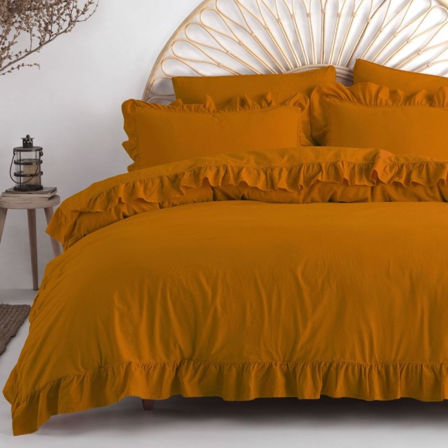  Elegancka minimalistyczna jednobarwna pościel bawełniana 160x200 cm w delikatne falbanki w kolorze pomarańczowym 
