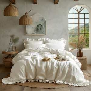 Pościel bawełniana z falbanką 220x200 Stonewashed Exclusive, Snow White, biała