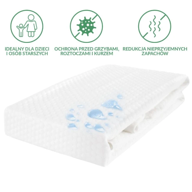 Ochraniacz na materac 70x140 pikowany w kolorze białym, leżący na boku, z wyraźną teksturą i zdobieniem w postaci kropli wody. Materiał zapewnia ochronę przed grzybami i kurzem. Widoczne oznaczenia funkcji użytkowych w formie prostych ikon.
