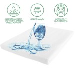 Ochraniacz na materac 80x160 w kolorze białym, na lekko teksturowanej powierzchni przedstawiającej wylewający się napój w szklance. Produkt leży na białym tle, z widocznymi symbolami: nieprzemakalność, oddychalność, bezpieczeństwo dla zdrowia.