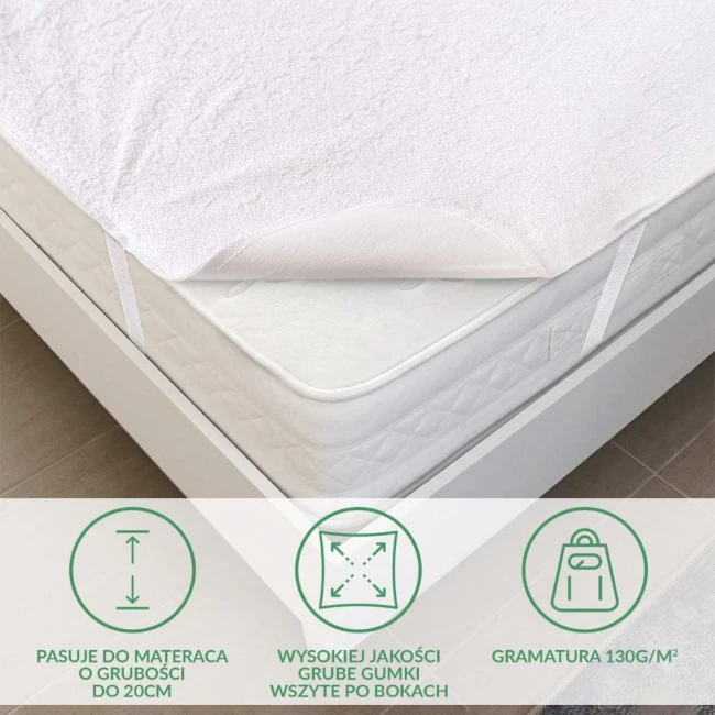 Ochraniacz na materac 80x160 cm w kolorze białym, wykonany z materiału z teksturą. Produkt leżący na białym materacu z widocznymi grubymi gumkami wszytymi po bokach. Ujęcie pokazuje górną część ochraniacza oraz jego dopasowanie do materaca.