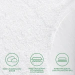 Ochraniacz na materac 80x180 w kolorze białym, wykonany z warstwy górnej (67% bawełna, 33% poliester) oraz dolnej (100% poliuretan). Widok z góry na fakturę materiału, z przedstawionymi napisami informacyjnymi.