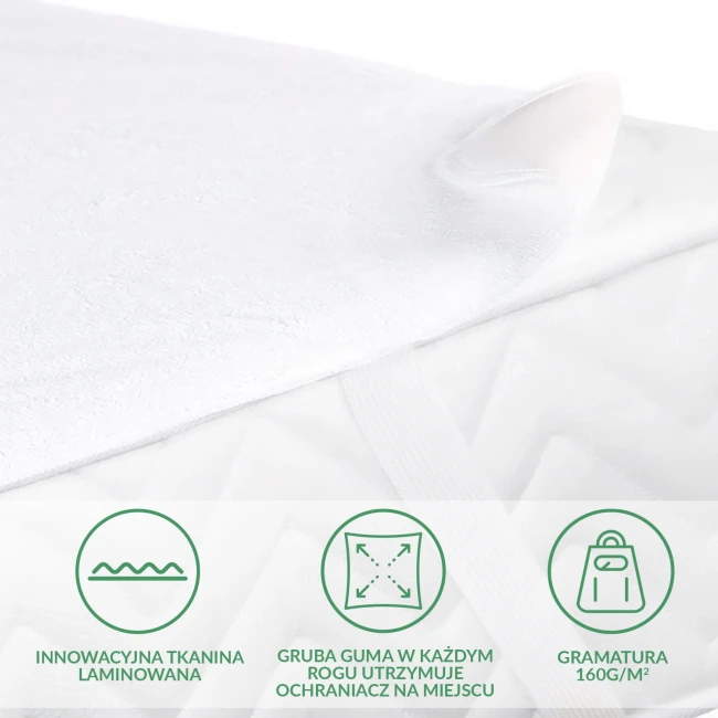 Ochraniacz na materac 60x120 w kolorze białym, wykonany z innowacyjnej tkaniny laminowanej. Widoczny detal: gruba guma w każdym rogu, zapewniająca stabilność. Produkt leży na białym tle, prezentując gładką fakturę oraz gramaturę 160 g/m².