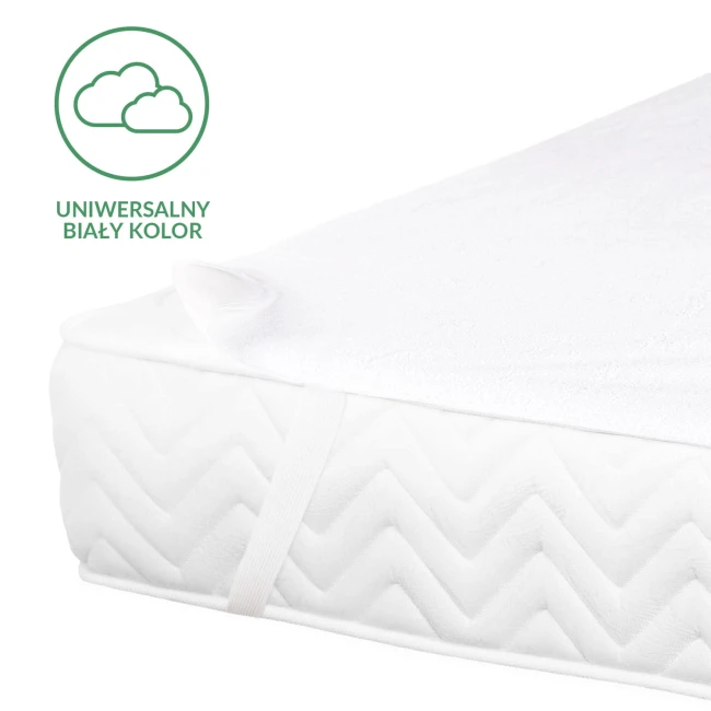 Ochraniacz na materac 60x120 w kolorze białym, wykonany z miękkiego materiału tekstylnego. Zbliżenie na gładką, matową powierzchnię, z widocznymi elastycznymi taśmami mocującymi po bokach i subtelnie zaznaczoną strukturą. Produkt leży na białym tle.