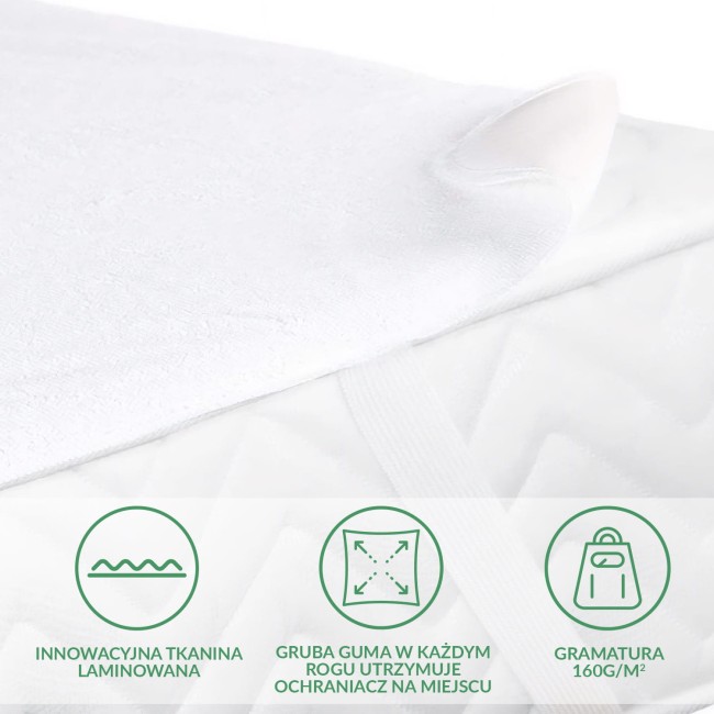 Ochraniacz na materac 140x200 w kolorze białym, z laminowanej tkaniny. Złożony, z widocznymi detalami: grubością gumy w rogach, zapewniającą stabilność. Na jednolitym tle, w centralnej pozycji, eksponujący swoją powierzchnię oraz teksturę.
