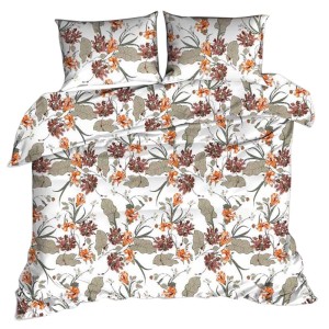 Pościel z kory 140x200 Biała w brązowo pomarańczowe kwiaty 1717N