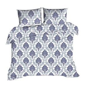 Pościel z kory 140x200 Biała w kwiatowy granatowy ornament 382N
