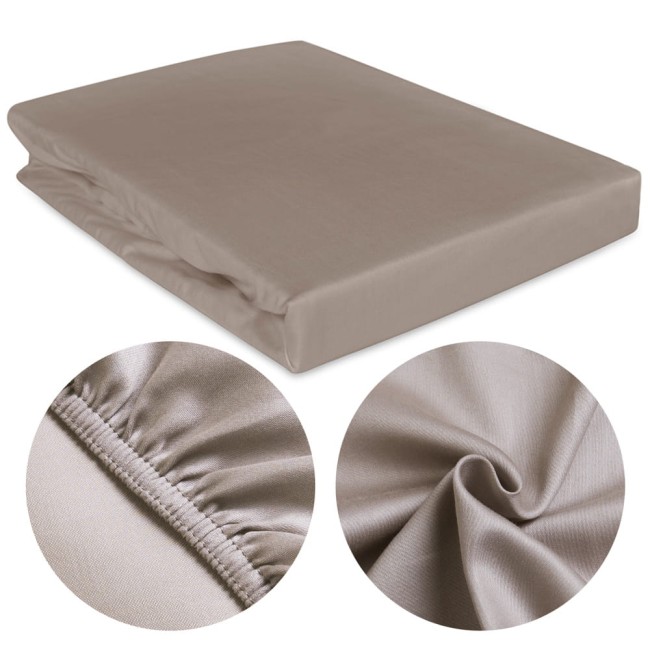  Klasyczne połyskujące delikatne ciemno beżowe prześcieradło satynowe 200x220 cm z gumką 