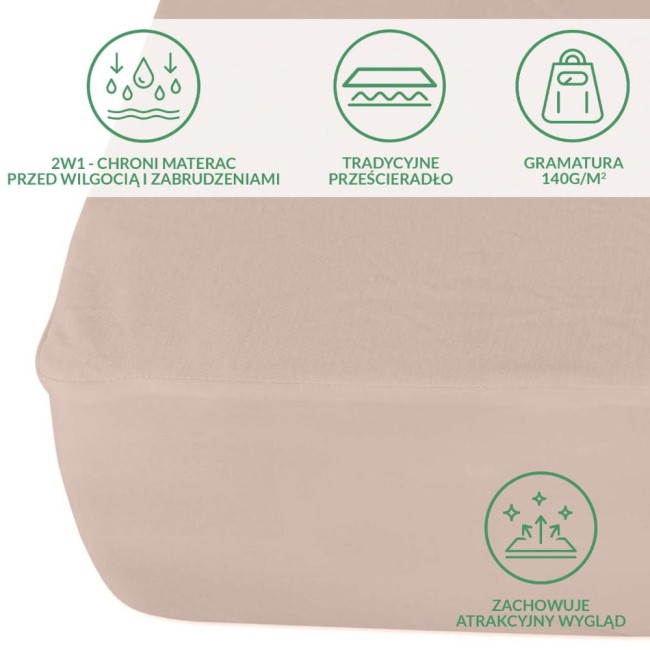 Ochronne prześcieradło z gumką 200x220 w kolorze beżowym, leżące na powierzchni. Materiał o gramaturze 140 g/m², gładki i miękki w dotyku.