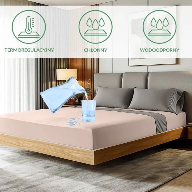 Ochronne prześcieradło z gumką 90x200 SMARTCEL w kolorze beżowym, leżące na łóżku z szarym zagłówkiem. Widać szklankę wody i wylewający się napój. Widoczne oznaczenia funkcji: termoregulacyjny, chłonny, wodoodporny. Tło w neutralnych odcieniach.