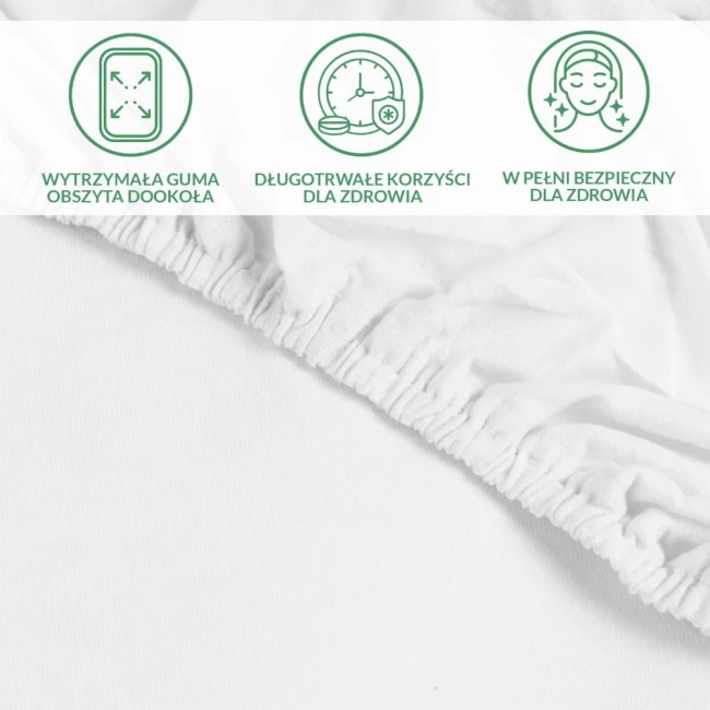 Ochronne prześcieradło z gumką 160x200 SMARTCEL w kolorze białym. Widoczna wytrzymała guma obszta dookoła, zapewniająca stabilność. Materiał gładki, zbliżenie na brzeg z gumką, idealne do ochrony materaca.