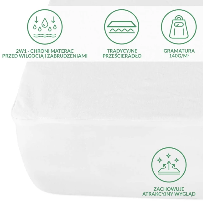 Ochronne prześcieradło z gumką 180x200 cm w kolorze białym, rozłożone na materacu. Widoczny zielony nadruk informacyjny z ikonami, wskazujący właściwości i gramaturę 140 g/m². Gładka, matowa faktura materiału, dobrze dopasowane do krawędzi materaca.