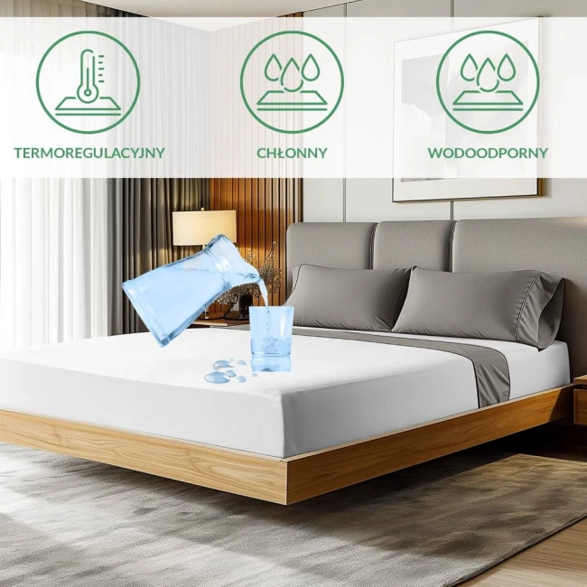 Ochronne prześcieradło z gumką w kolorze białym, o wymiarach 90x200 cm, leży na łóżku z jasnym drewnianym stelażem. Produkt przedstawiony w kontekście wnętrza sypialni. Na prześcieradle widać rozlaną wodę z szklanki, co ilustruje jego wodoodporność.