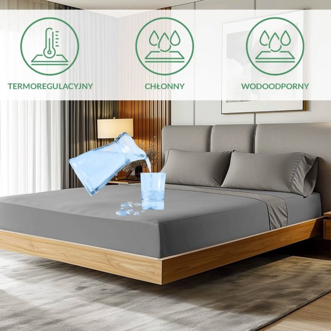 Ochronne prześcieradło z gumką 160x200 cm w kolorze szarym, z widocznymi właściwościami termoregulacyjnymi, chłonnymi i wodoodpornymi. Położone na łóżku z poduszkami, na tle nowoczesnego wnętrza.