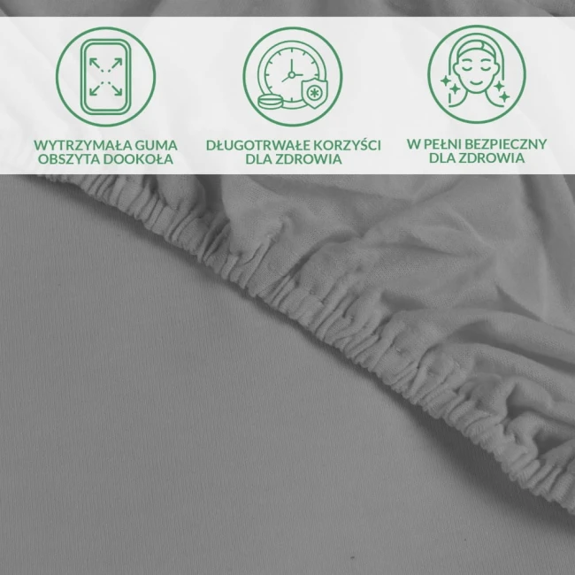 Ochronne prześcieradło z gumką 60x120 w kolorze szarym, leżące na gładkiej powierzchni. Widoczna elastyczna guma obłożona dookoła, zapewniająca idealne dopasowanie. Brak dodatkowych wzorów i napisów, tło neutralne. Idealne do łóżeczek dziecięcych.