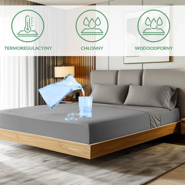 Ochronne prześcieradło z gumką 90x200 w kolorze szarym, leżące na łóżku z drewnianą ramą. Zbliżenie na prześcieradło z widocznymi kroplami wody, obrazuje jego wodoodporność. Tło w jasnych tonach, minimalistyczna aranżacja z lampą i obrazem.