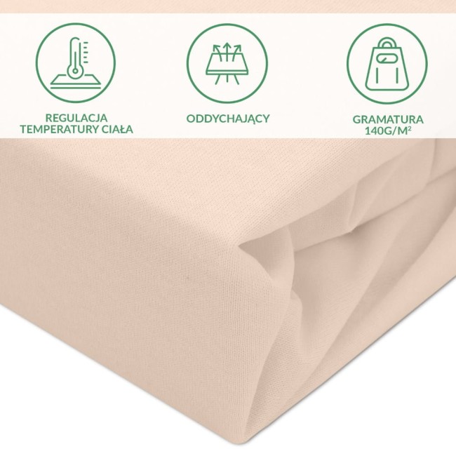 Ochronne prześcieradło z gumką w kolorze beżowym, wykonane z materiału o gramaturze 140 g/m², widoczne w złożonym ujęciu. Tkanina jest oddychająca, z oznaczeniami dotyczącymi regulacji temperatury ciała. Tło neutralne.