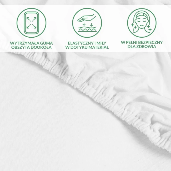 Białe prześcieradło ochronne z gumką o wymiarach 200x220 cm, leżące na jasnym tle. Widoczna elastyczna guma obszyta dookoła, materiał gładki, teksturowany. Brak widocznych napisów lub logo.