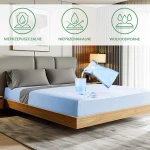 Ochronne prześcieradło z gumką 140x200 cm w kolorze niebieskim, ułożone na łóżku. Widoczny jest szklanka z wodą wylewającą się na prześcieradło, które jest nieprzemakalne i wodoodporne. W tle szare poduszki i nowoczesne wnętrze.