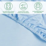 Ochronne prześcieradło z gumką 140x200 w kolorze błękitnym, leżące na jednolitym tle. Widoczna elastyczna guma obszczona wokół, materiał gładki i miły w dotyku. Zbliżenie na fakturę, pokazujące detale wykończeń.