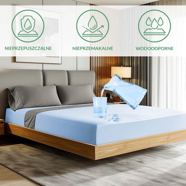 Ochronne prześcieradło z gumką w kolorze błękitnym, rozłożone na łóżku z szarym zagłówkiem. Na prześcieradle widoczny jest kubek wody, co podkreśla jego właściwości wodoodporne. W tle nowoczesne wnętrze z drewnianymi akcentami.