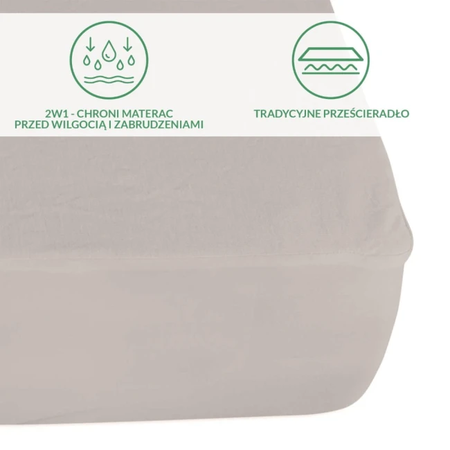 Ochronne prześcieradło z gumką 180x200 cm w kolorze popiel. Materiał chroni materac przed wilgocią i zabrudzeniami. W tradycyjnym stylu, dopasowane, elastyczne brzegi zapewniają stabilne mocowanie na materacu.