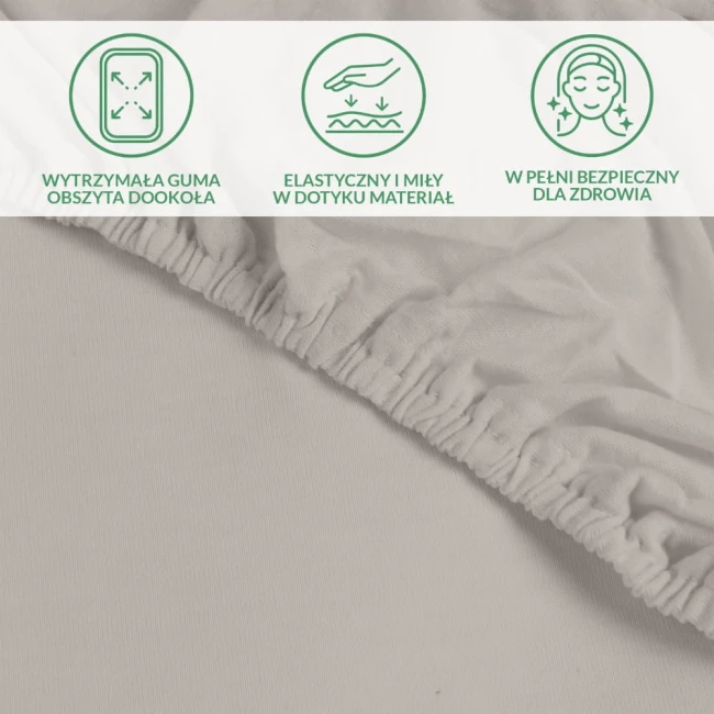 Ochronne prześcieradło z gumką 140x200 w kolorze popiel. Produkt leży na płaskiej powierzchni, z widoczną elastyczną gumą obszytą dookoła.