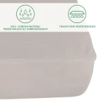 Ochronne prześcieradło z gumką 140x200 cm w kolorze popielatym, leżące na jednolitym tle. Materiał jest gładki, a brzeg z gumką dobrze przylega do materaca. Na górze widoczne ikony dotyczące ochrony przed wilgocią i zabrudzeniami.