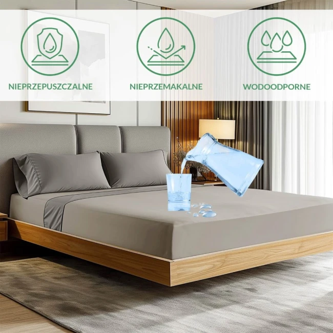 Ochronne prześcieradło z gumką 70x140 cm w kolorze popiel. Produkt leży na łóżku, z wyraźnymi wodoodpornymi ikonami.