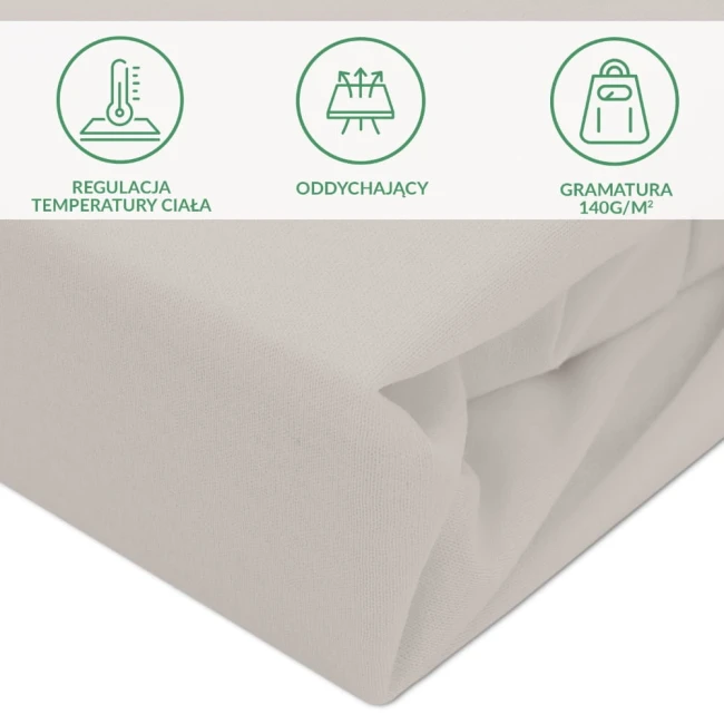 Ochronne prześcieradło z gumką w kolorze popielatym, rozmiar 70x140 cm, z materiału o gramaturze 140g/m². Ujęcie pokazuje złożone prześcieradło z bliska, z widocznymi znakami regulacji temperatury, oddychalności i gramatury.