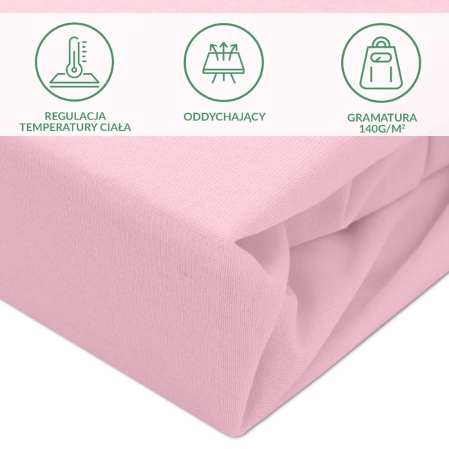 Ochronne prześcieradło z gumką 90x200 cm w kolorze różowym, wykonane z oddychającego materiału o gramaturze 140 g/m², z widocznymi detalami tkaniny. Ujęcie w zbliżeniu, produkt leży na gładkiej powierzchni.