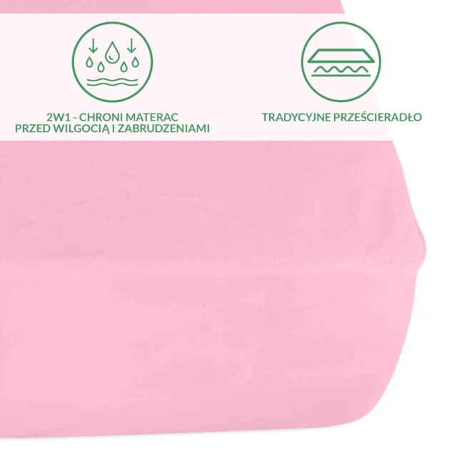 Ochronne prześcieradło z gumką w kolorze różowym, rozmiar 200x220 cm, leży na gładkiej powierzchni. Materiał wygląda na gładki, elastyczny, z widocznymi napisami informacyjnymi o funkcji ochronnej. Gumka zabezpiecza prześcieradło przed przesuwaniem.