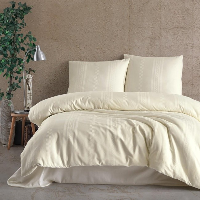  Pościel satynowa w rozmiarze 160x200 cm w kolorze ecru w geometryczne kwadraty 