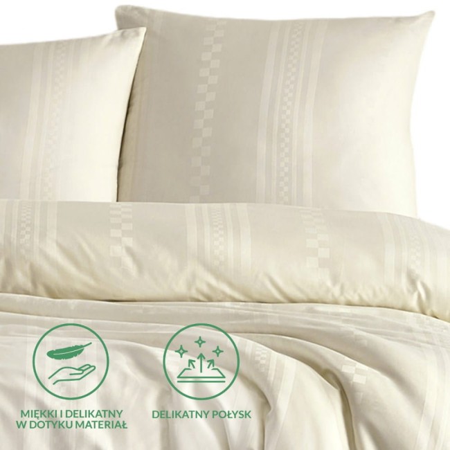 Pościel satyna bawełniana 160x200 w kolorze ecru, z geometrycznymi wzorami. Komplet zawiera poszewki na poduszki i poszwę w delikatnym połysku. Produkt leży na gładkim tle, eksponując miękki materiał. Widoczne ikony podkreślają cechy produktu.