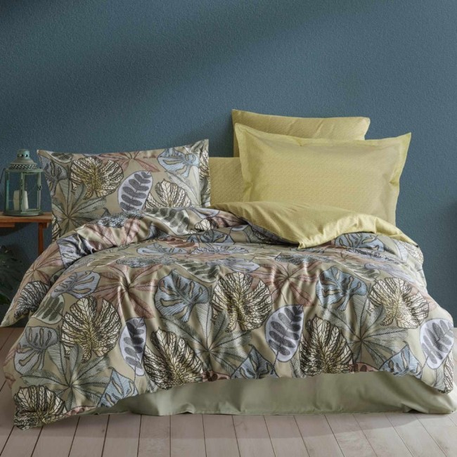  Piękna, ekskluzywna i miła w dotyku satynowa pościel bawełniana w dekoracyjne zielone liście w rozmiarze 220x200 cm 