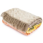 Koc bawełniany 150x200 w kolorach beżowym, żółtym i pomarańczowym, z geometrycznym wzorem i frędzlami. Złożony w prostokąt, widoczny z boku, eksponujący fakturę materiału i wzory. Tło jednolite, neutralne.