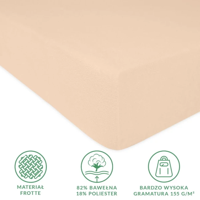 Prześcieradło frotte z gumką 200x220 w kolorze róż perłowy, wykonane z materiału 82% bawełna i 18% poliester, widoczne na jasnym tle. Produkt leży, ukazując równą teksturę i elastyczną gumkę, zapewniającą dopasowanie do materaca.