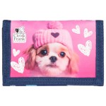 Portfel szkolny dla dziecka w granatowym kolorze, z grafiką psa w różowym kapeluszu i serduszkami. Złożony, z widocznym logo Cleo & Frank. Ujęcie frontalne na prostym tle.