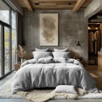 Poszewka frotte 40x40 w kolorze popiel, leżąca na łóżku z poduszkami. Zbliżenie na fakturę materiału. Tło to nowoczesna sypialnia z betonowymi ścianami i dużymi oknami, na podłodze miękki dywan. W tle widoczne akcesoria i obraz na ścianie.