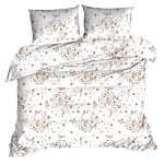 Pościel z kory 160x200 w kolorze białym z brązowymi kwiatami, rozłożona na łóżku. W zestawie dwa poszewki na poduszki. Wzór składa się z drobnych, delikatnych kwiatków i liści. Ujęcie z góry, na prostym tle.