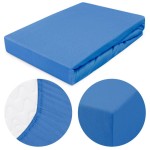 Prześcieradło jersey z gumką 140x200 w kolorze chabrowym, leżące na płaskiej powierzchni. Materiał ma gładką teksturę, a gumka w obrzeżu zapewnia dopasowanie. Na zdjęciu widać również szczegóły uszycia oraz zbliżenie na fakturę dzianiny.