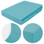 Prześcieradło jersey z gumką w kolorze turkusowym, o wymiarach 160x200 cm. Produkt leży na płaskiej powierzchni, z widoczną gumką oraz detalami faktury materiału. Ujęcie z góry ukazuje całość oraz zaokrąglony brzeg. W tle jednolite tło.