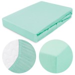 Prześcieradło jersey z gumką 80x160 w kolorze błękitnym, leżące na białym tle. Z widocznymi detalami gumki na brzegach oraz teksturą materiału. Zbliżenia na krawędzie i fakturę tkaniny. Produkt nowy, przeznaczony do zakrywania materaca.