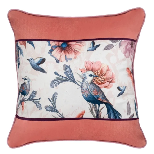  Elegancka pudrowo różowa poszewka dekoracyjna 43x43 cm w kwiaty i egzotyczne ptaki 