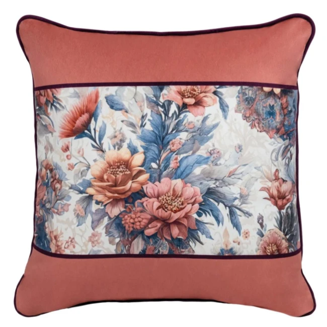  Elegancka aksamitna pudrowo różowa poszewka dekoracyjna 43x43 cm w egzotyczne kwiaty 