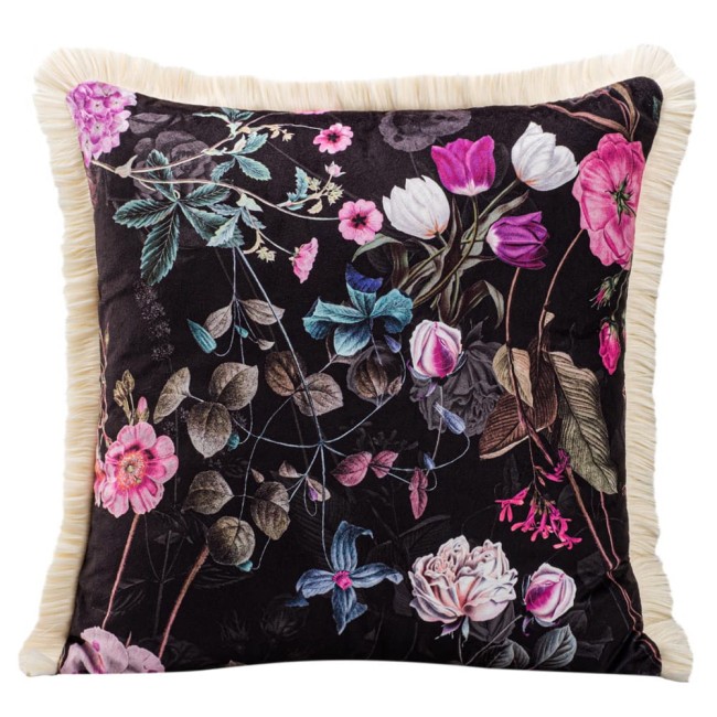  Elegancka fioletowa poszewka dekoracyjna 43x43 cm w kwiaty z frędzlami 