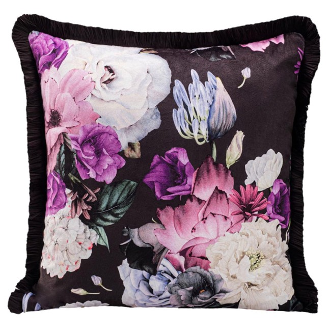  Fioletowa poszewka dekoracyjna 43x43 cm w kwiaty z frędzlami 