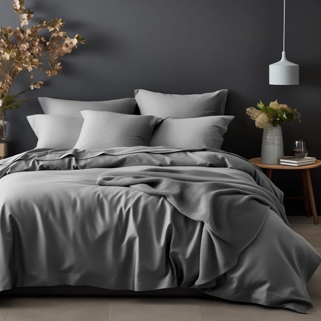 Poszewka satynowa 50x70 w kolorze popielatym, leżąca na łóżku pościelowym. Produkt wykonany z gładkiego materiału, idealnie dopasowany do poduszki. Tło w odcieniach szarości, z dodatkowymi poduszkami i dekoracjami w minimalistycznym stylu.