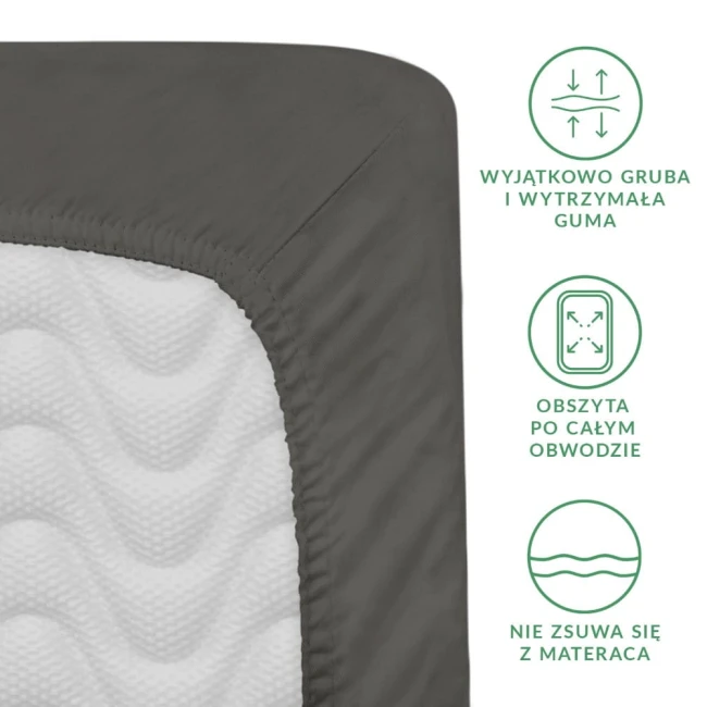 Prześcieradło satynowe z gumką 120x200 w kolorze szarym, z widoczną grubą gumą obwodową. Produkt leży na płasko, ukazując teksturę materiału z wzorem fali. Logo i oznaczenia na boku są czytelne. Tło jasne i proste.